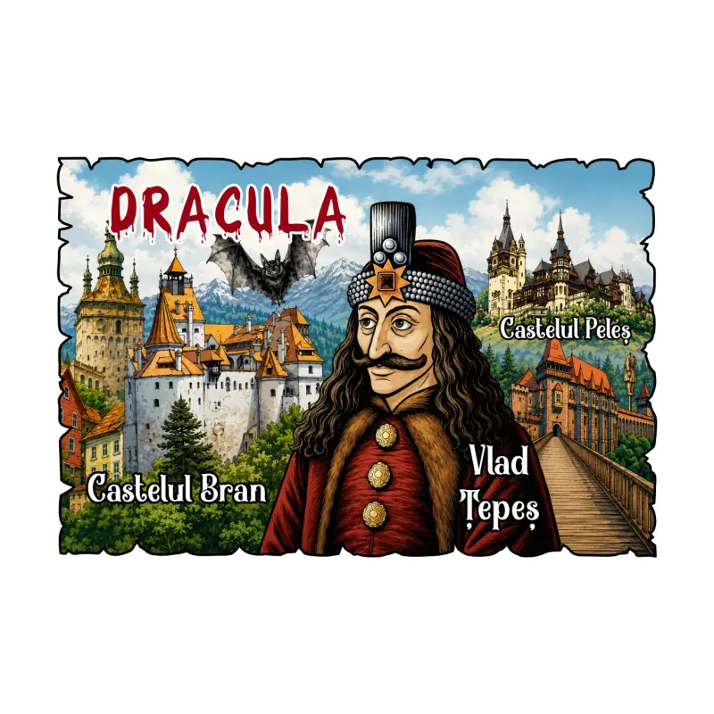 Mgs221-dracula, castelul bran, vlad tepes, magnet lemn, suvenir gift shop romania, model mgs221